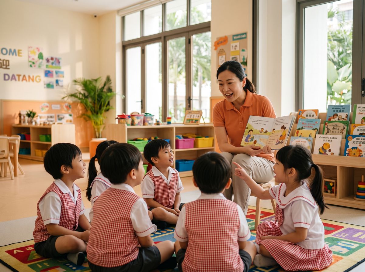 Guru TK membacakan buku cerita untuk anak-anak di kelas